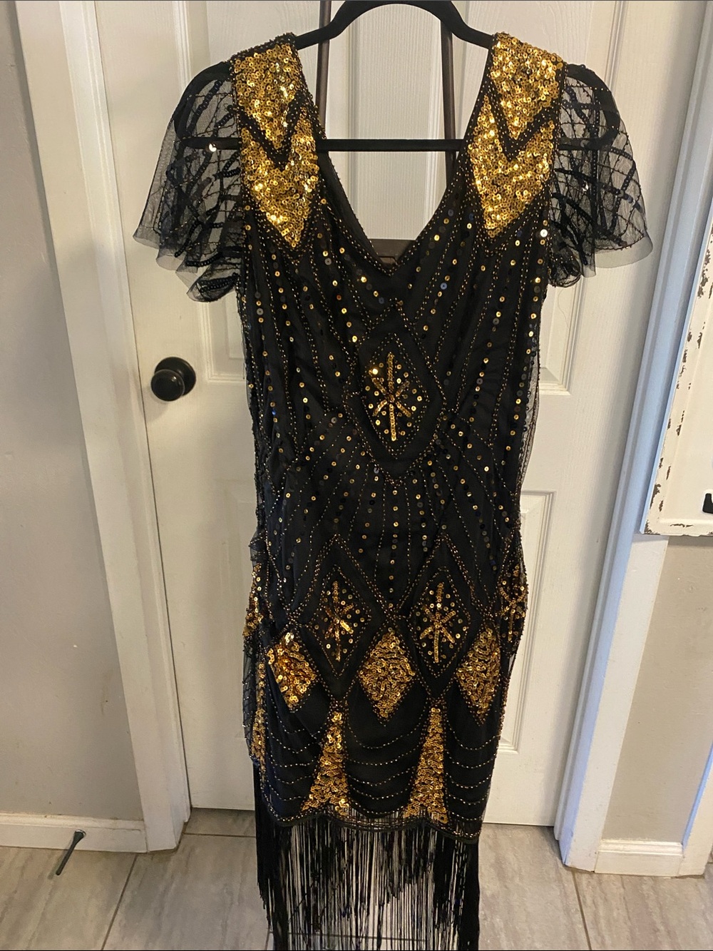 Black & Gold Sequin Fringe Evening Dress Roaring Twenties style